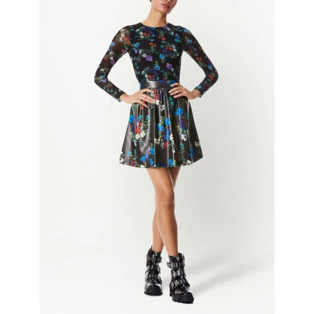 Alice + Olivia Faux Leather Mesh Long Sleeve Black Floral Mini Dress NWT Blooms